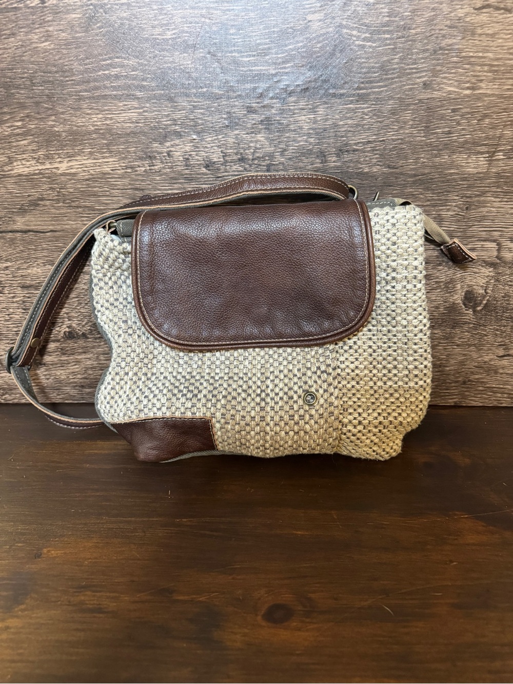 Myra Bags Woven and Brown Leather Crossbody Bag